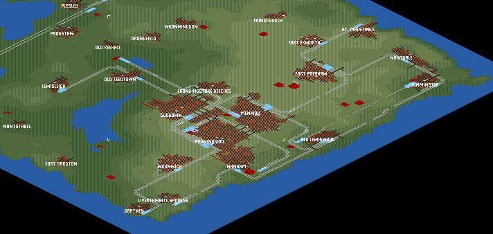Note how the size of the unconnected towns differ with the initial connected ones